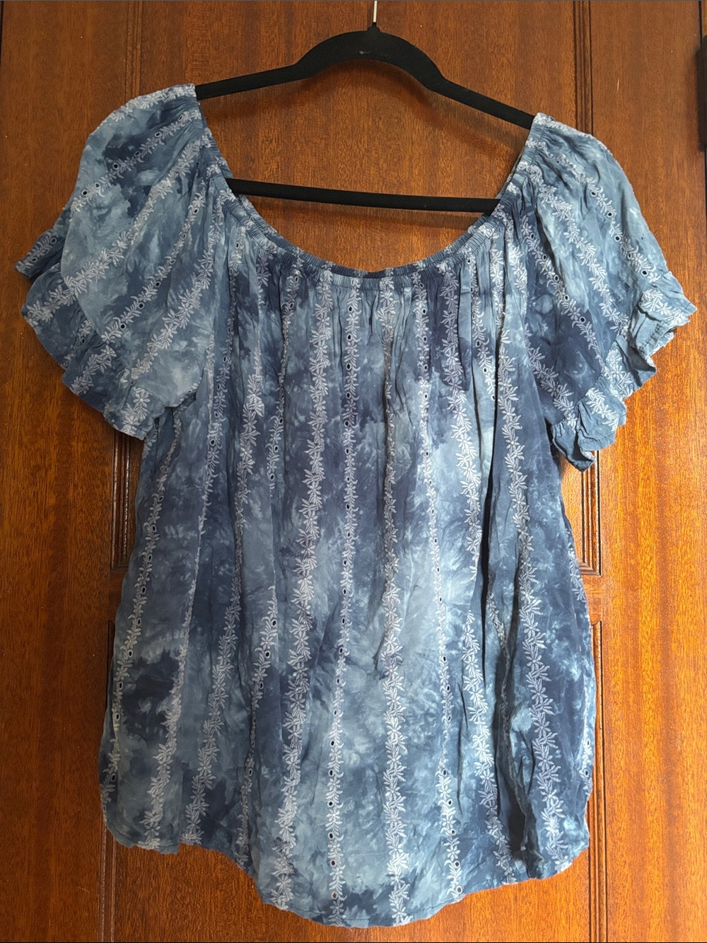 Blue Floral Tie-Dye Off-Shoulder Women’s Top